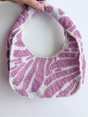 NEW Zebra Hand-Beaded Pink & White Statement Hobo Bag
